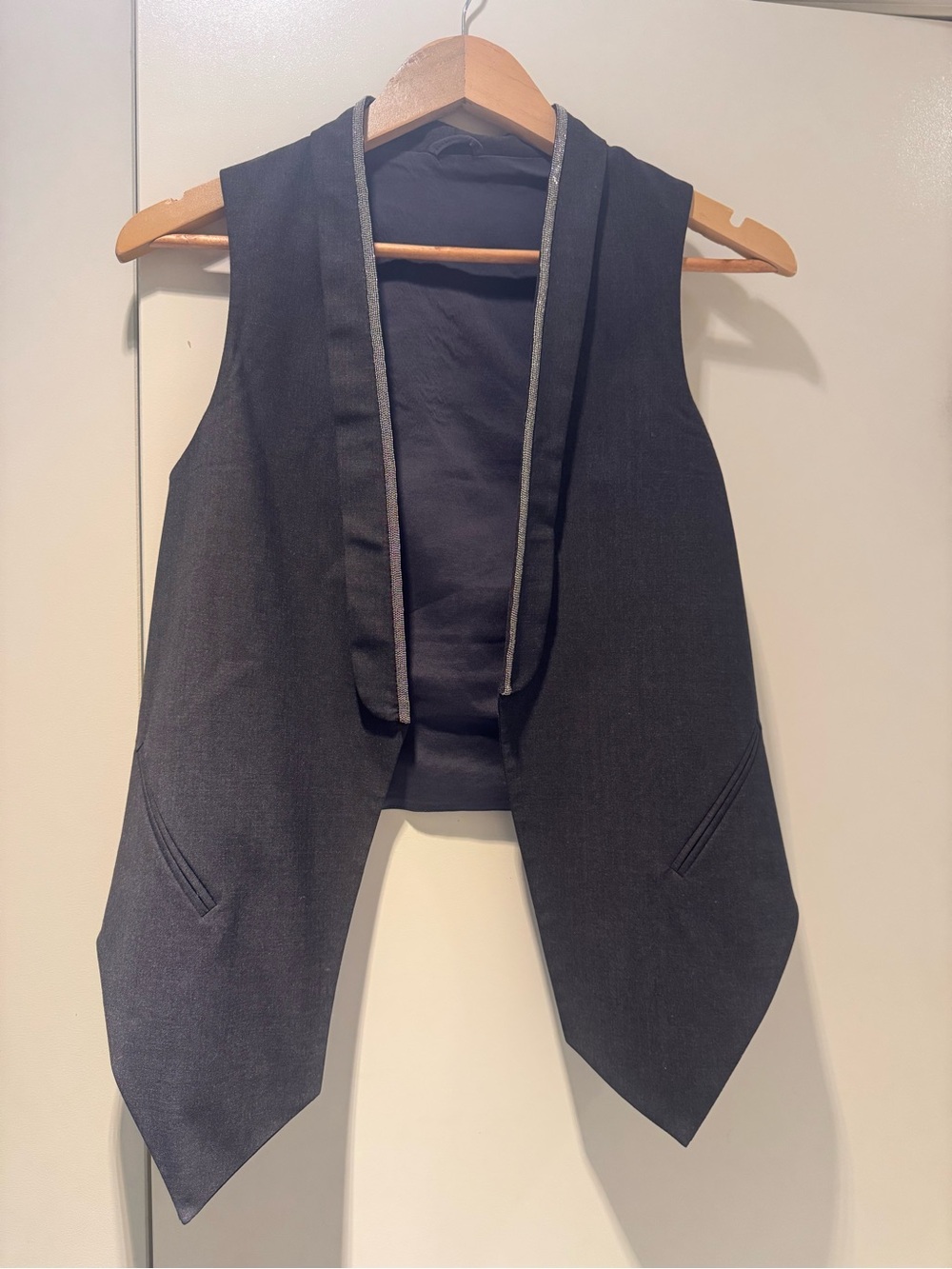 Brunello Cucinelli Black Sleeveless Draped Vest with Gray Trim